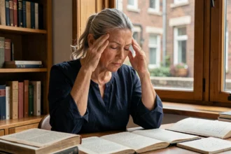 Femme d'âge mûr en pleine introspection à son bureau, illustrant la priorité de la conscience humaine et la réflexion intérieure