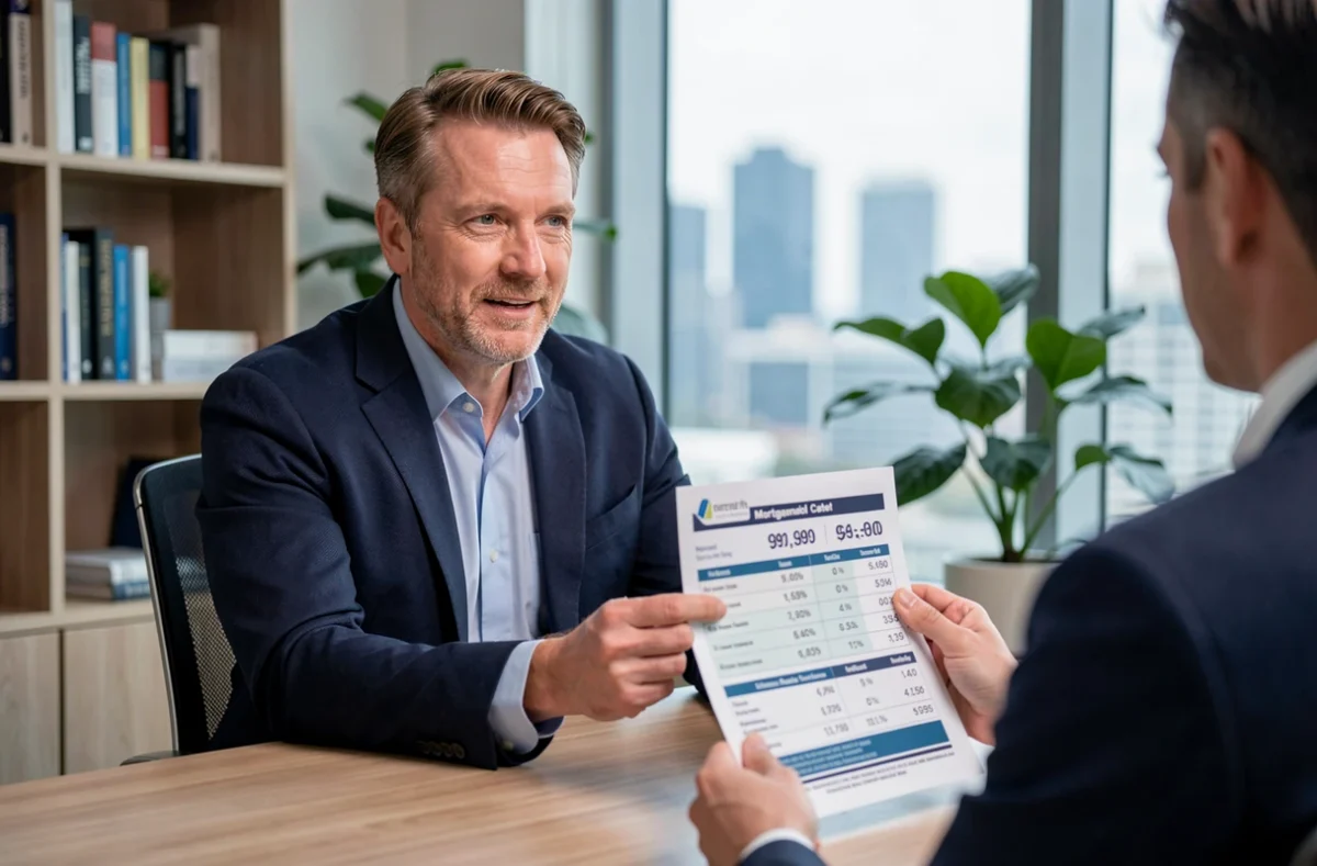 Conseiller immobilier présentant un comparatif des taux hypothécaires actuels à un client en bureau