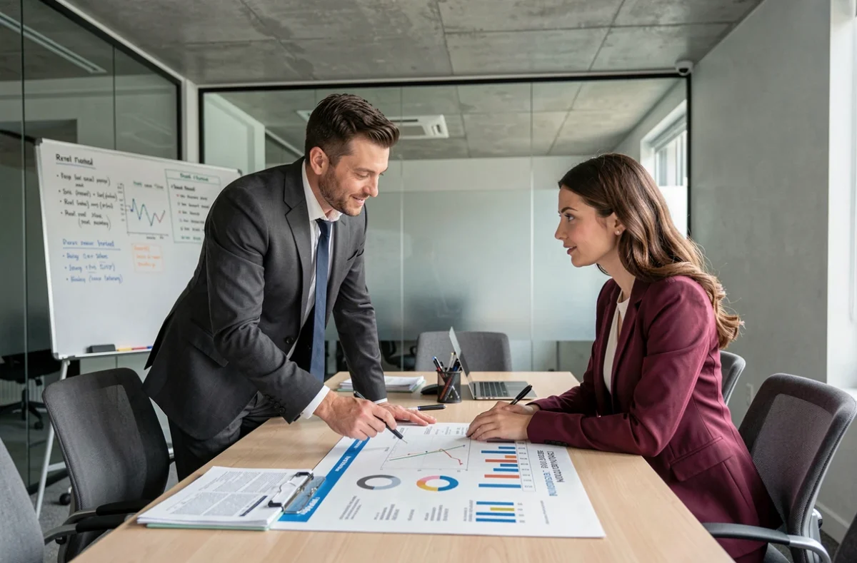 Deux conseillers financiers discutant des performances des meilleures SCPI rentables autour d'une table de réunion