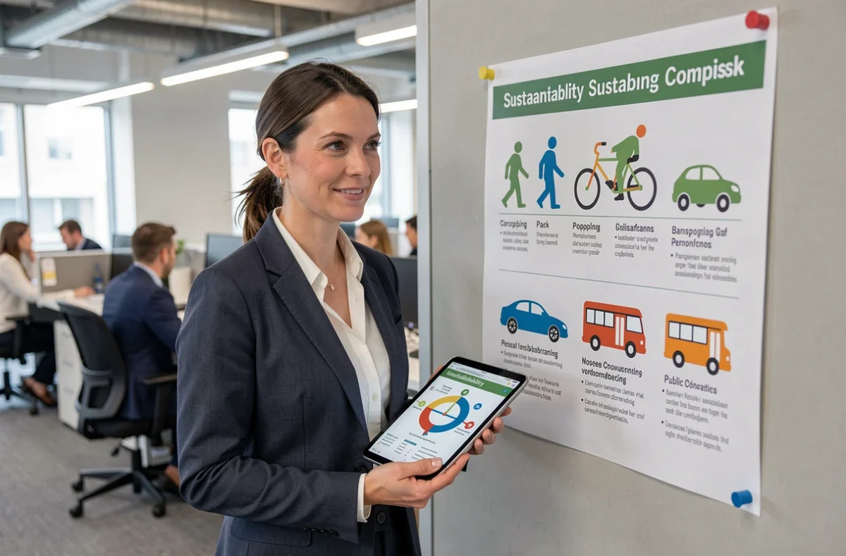 Consultante en mobilité présentant un plan de déplacement multimodal avec infographie en entreprise