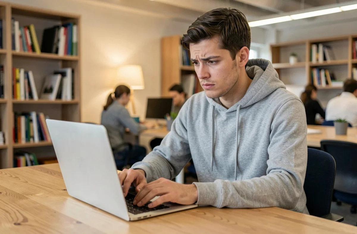 Jeune homme consultant des photos sur un ordinateur portable dans un espace de travail, questionnement sur la légalité de la photographie et le respect de la vie privée