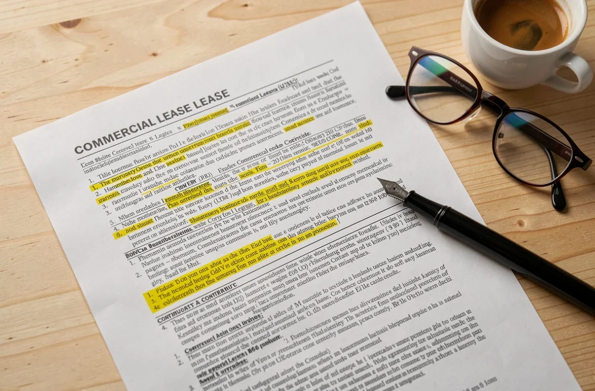 Contrat de bail pour local commercial ouvert sur un bureau avec stylo et clauses surlignées