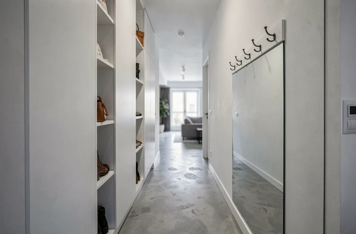Couloir étroit aménagé avec des rangements intégrés du sol au plafond et un miroir pour agrandir visuellement l'espace