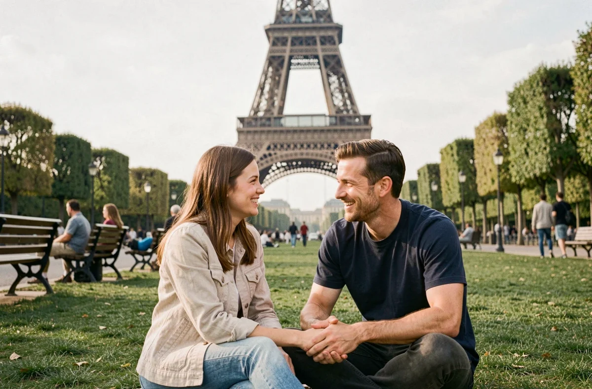 Couple assis sur la pelouse du Champ de Mars à Paris avec la Tour Eiffel en arrière-plan par une belle journée