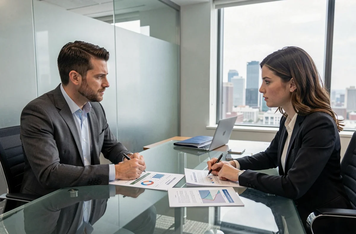 Couple consultant un conseiller financier pour comparer les options d'épargne et d'investissement dans un bureau professionnel