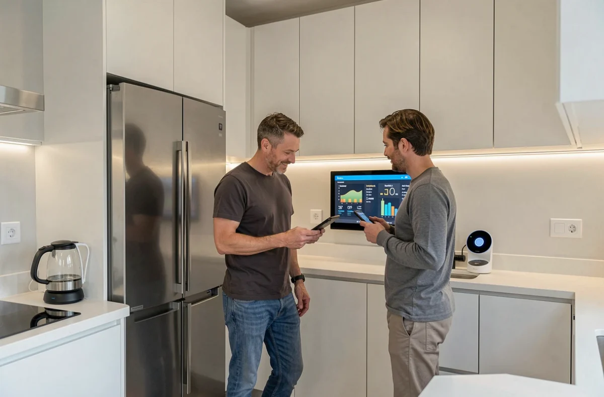 Couple dans une cuisine intelligente équipée d'appareils connectés et d'un système domotique intégré