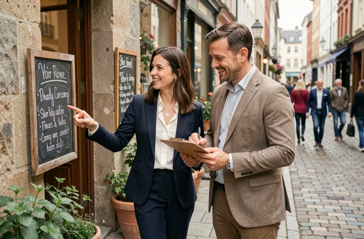 Un couple d'entrepreneurs devant leur commerce, symbolisant les avantages et défis de s'associer professionnellement avec son partenaire