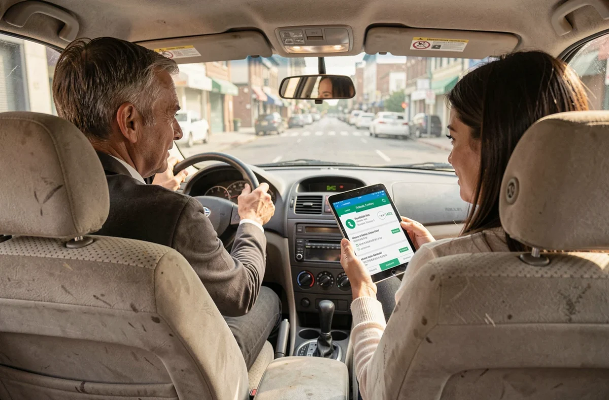 Couple évaluant la fiabilité d'une voiture d'occasion à l'intérieur du véhicule avec une tablette