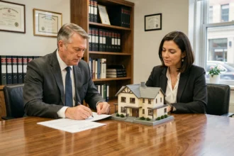 Couple consultant un notaire pour mettre leur maison en SCI, avec documents et modèle de maison sur la table