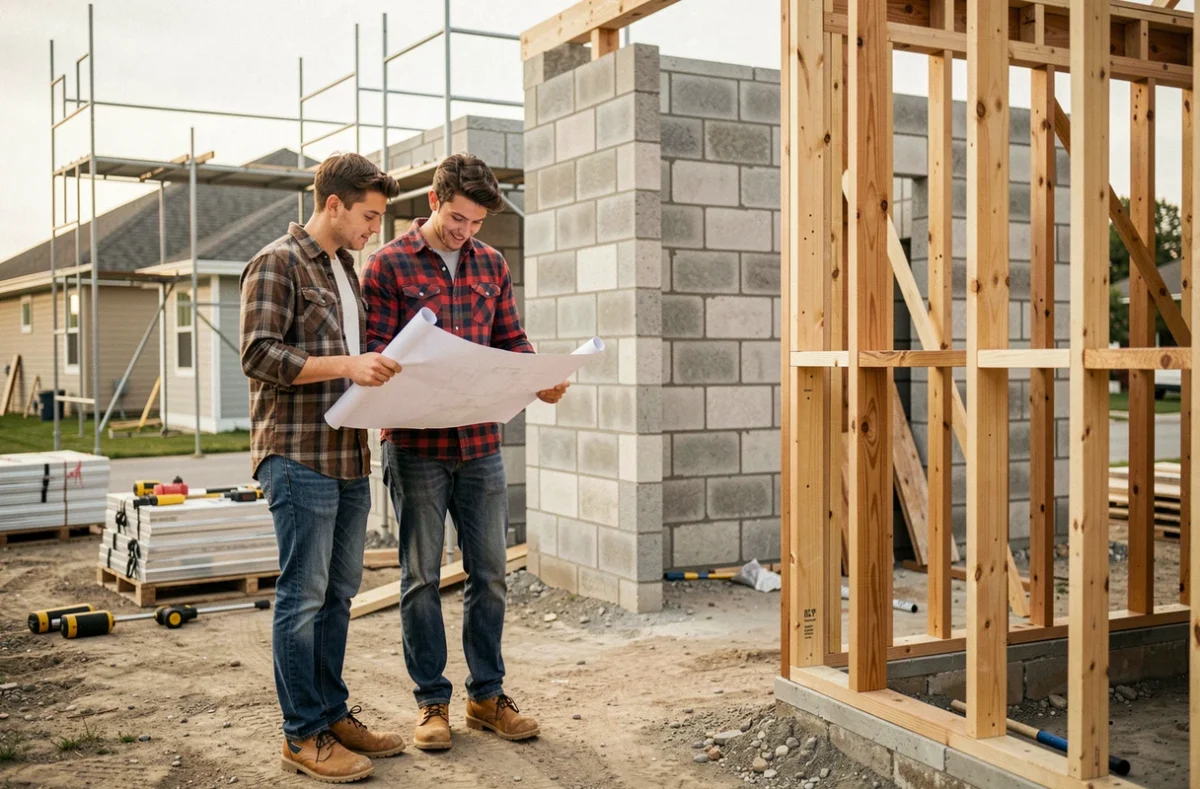 Couple examinant des plans devant une maison économique en cours de construction