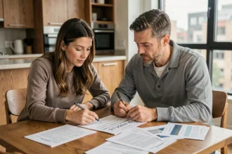 Couple examinant des documents de prêt hypothécaire avec un tableau des taux d'intérêt sur une table en bois
