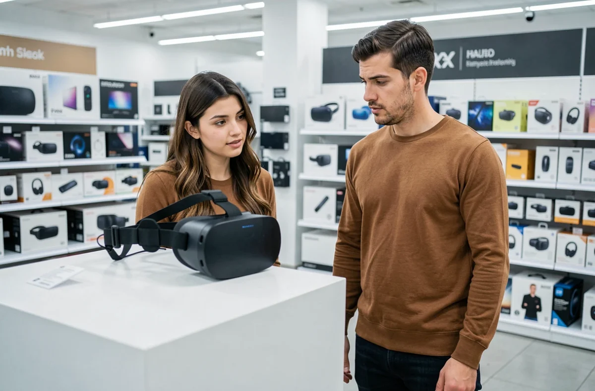 Deux adultes examinant un casque VR en magasin d'électronique avec des expressions mixtes de curiosité et d'incertitude
