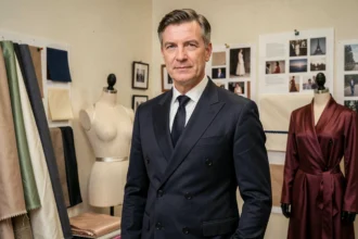 Créateur de mode célèbre dans un atelier parisien entouré de tissus et de mannequins de couture