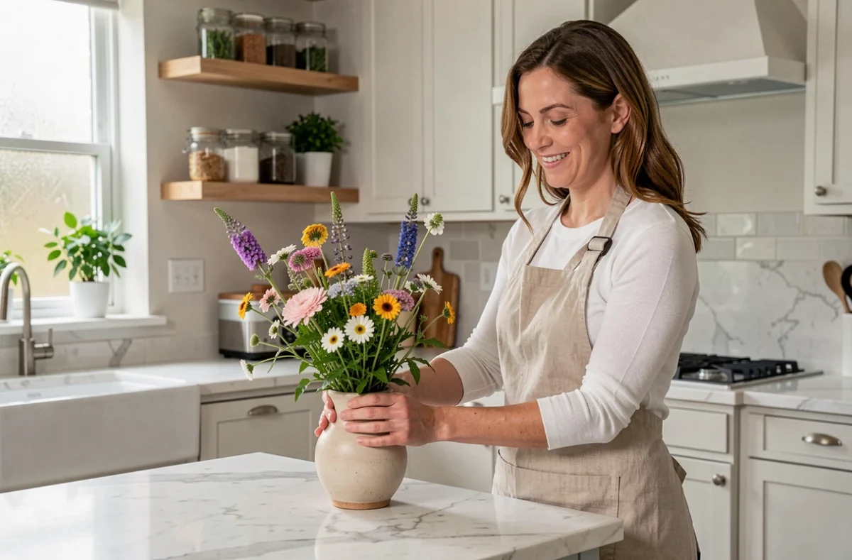 Femme arrangeant des fleurs dans une cuisine lumineuse et bien organisée pour créer une ambiance chaleureuse à la maison