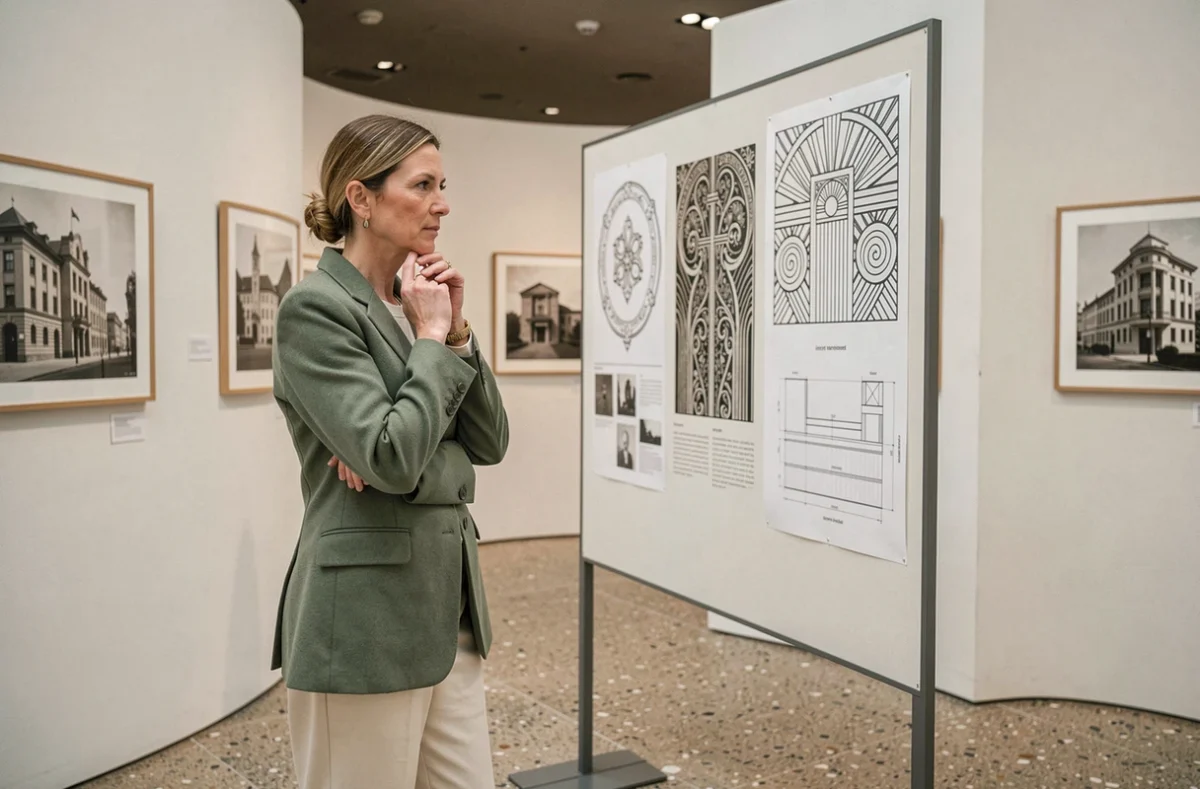 Curatrice de musée devant un panneau comparant l'art déco et le style international moderniste, illustrant l'évolution stylistique du XXe siècle