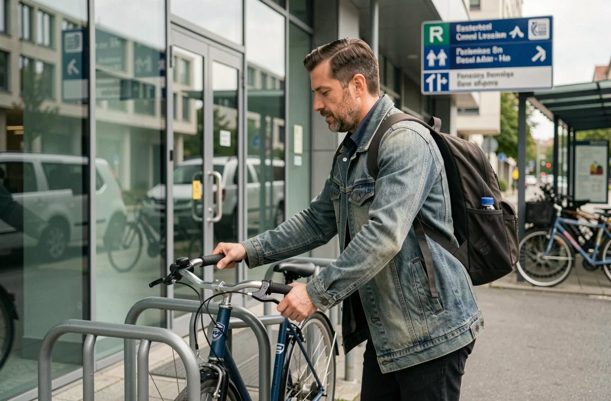 Employé attachant son vélo devant un bâtiment d'entreprise dans le cadre d'un plan de mobilité durable