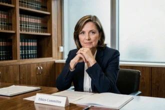 Femme responsable de l'éthique en réunion de comité, assise devant des documents officiels dans une salle de conférence professionnelle