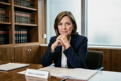 Femme responsable de l'éthique en réunion de comité, assise devant des documents officiels dans une salle de conférence professionnelle