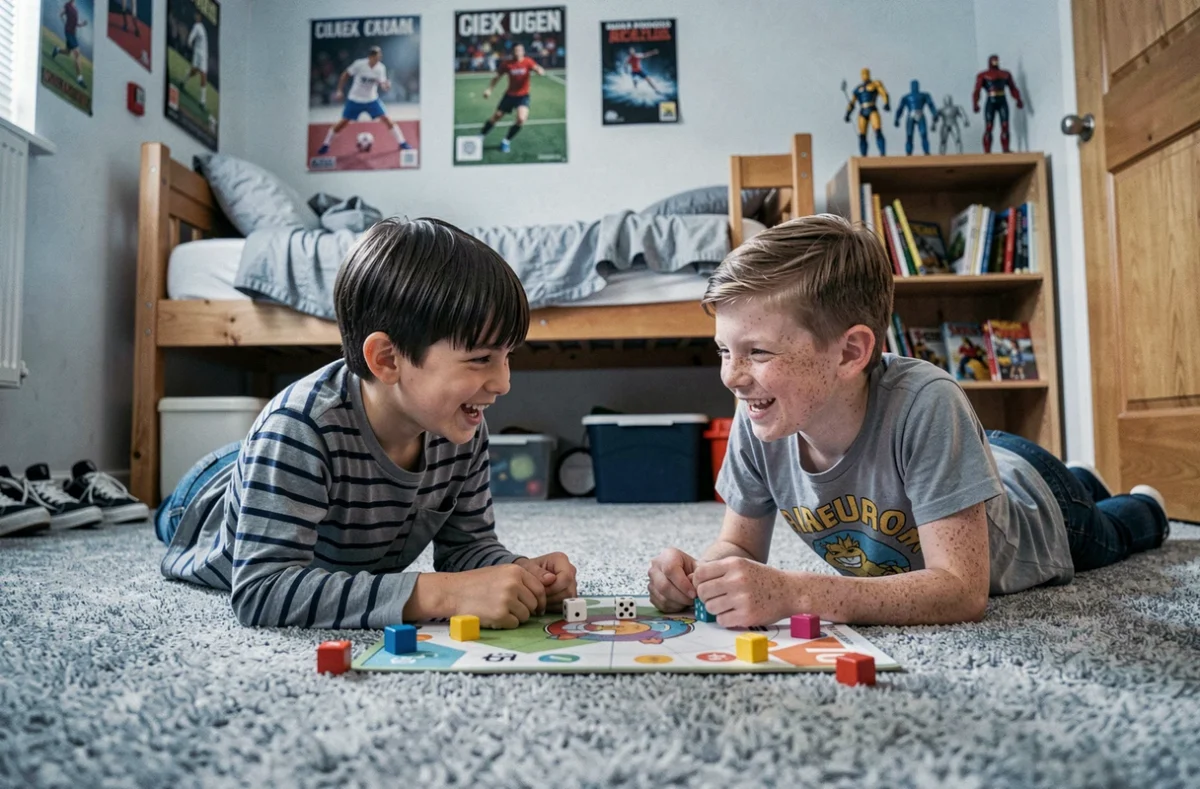 Deux demi-frères jouant à un jeu de société par terre dans une chambre d'enfant, moment de complicité naturelle