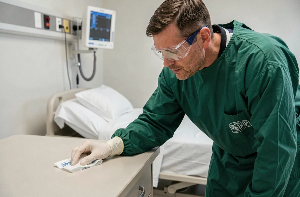 Technicien en hygiène hospitalière désinfectant une table de chevet selon les principes du bionettoyage