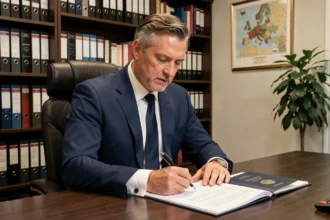 Un homme d'affaires en costume navy signe des documents fiscaux officiels dans un bureau de notaire avec des étagères remplies de classeurs juridiques