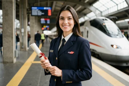 Jeune femme en uniforme SNCF tenant un diplôme sur un quai de gare avec un TGV en arrière-plan