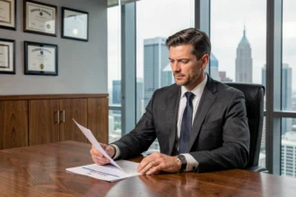 Directeur bancaire en costume gris anthracite assis à son bureau exécutif en acajou, consultant des documents financiers dans un bureau avec vue panoramique sur la ville