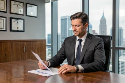 Directeur bancaire en costume gris anthracite assis à son bureau exécutif en acajou, consultant des documents financiers dans un bureau avec vue panoramique sur la ville