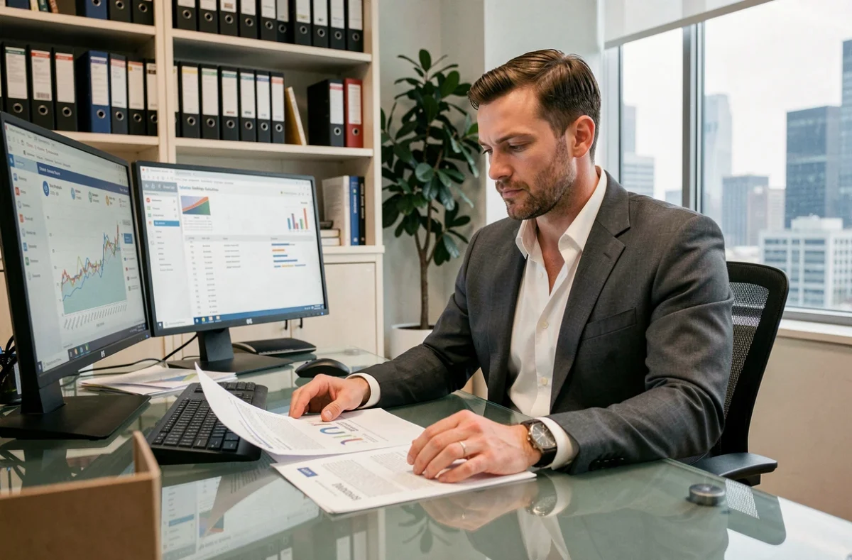 Directeur des relations investisseurs analysant des rapports financiers annuels dans son bureau d'entreprise