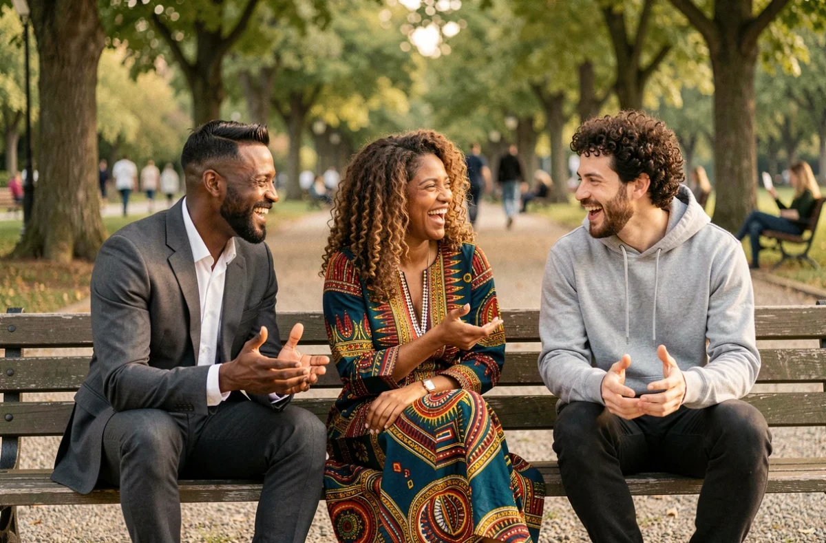 Groupe d'amis aux styles vestimentaires distincts dans un parc, illustrant la diversité des expressions identitaires individuelles