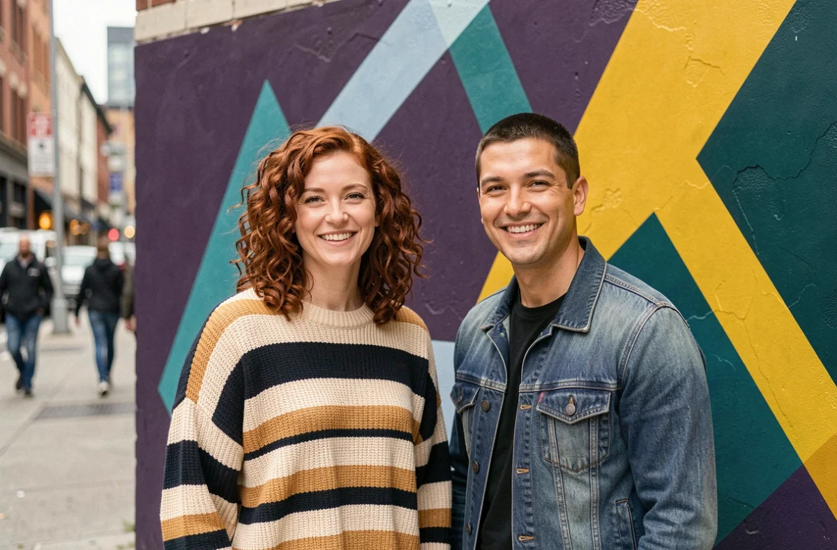 Deux adultes souriants devant une fresque murale colorée en ville, représentant la diversité des identités queer et des orientations sexuelles