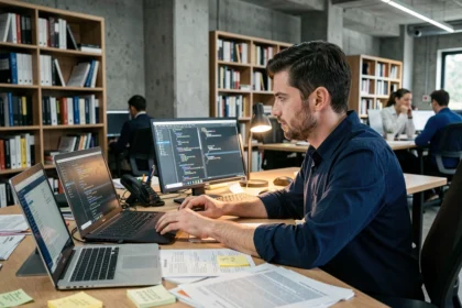 Ingénieur analysant des ensembles de données textuelles sur plusieurs écrans pour entraîner un modèle d'intelligence artificielle comme ChatGPT
