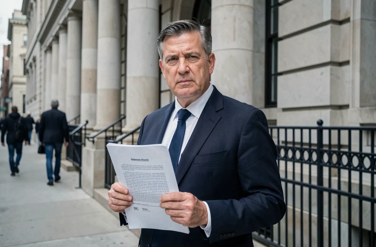 Homme en costume devant un bâtiment institutionnel tenant un document légal, illustration des règles juridiques encadrant le droit de photographier des personnes