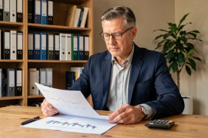 Homme d'affaires analysant des documents financiers liés à un investissement à long terme en SCPI dans un bureau professionnel