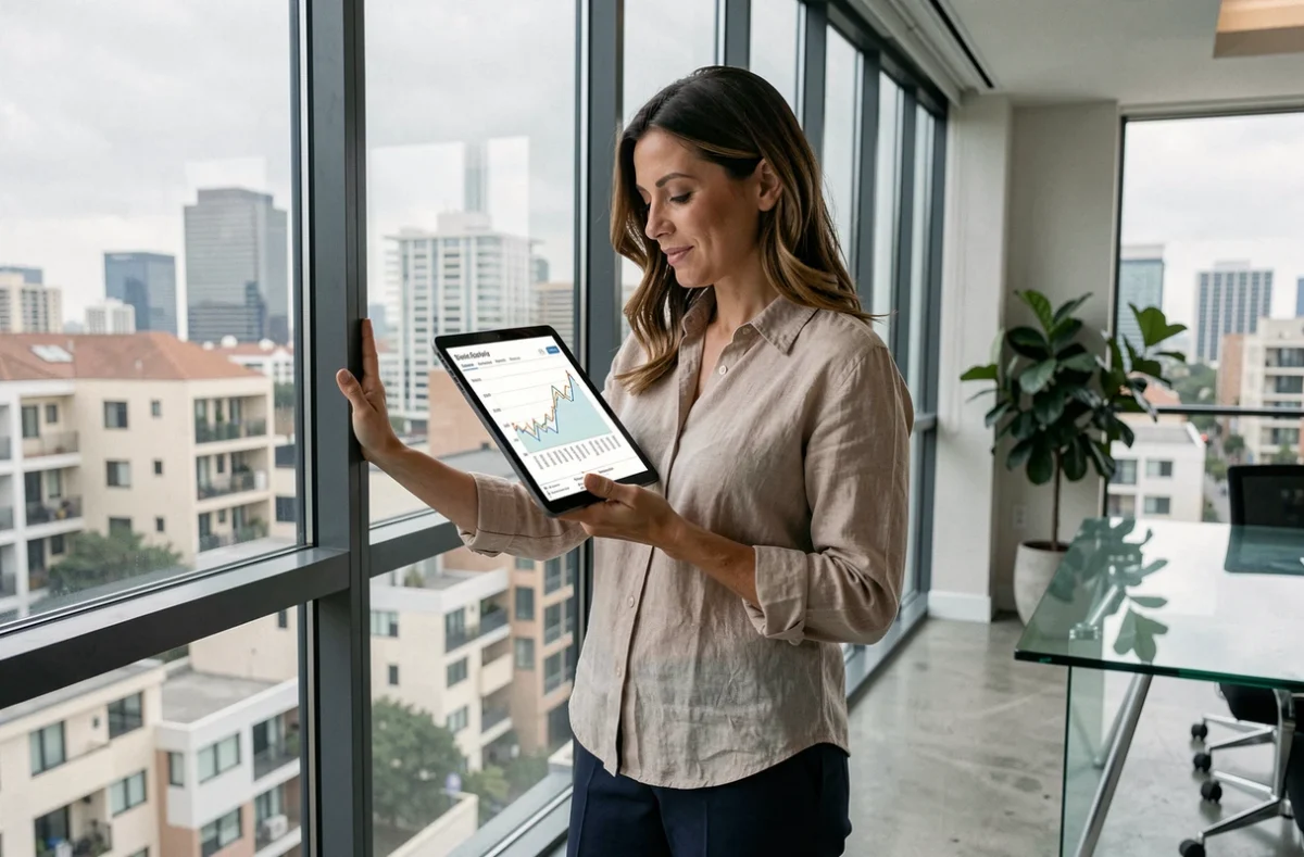 Femme consultante en gestion de patrimoine analysant un portefeuille SCPI sur tablette avec vue urbaine en arrière-plan
