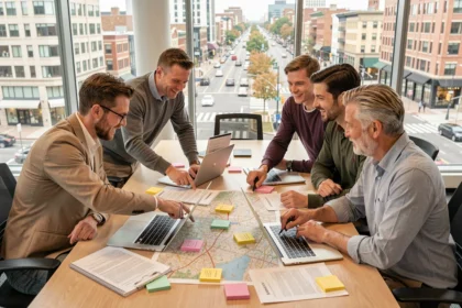 Équipe de professionnels réunis autour d'une table pour élaborer un plan de mobilité en entreprise