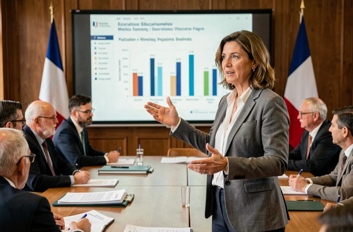 Élue locale présentant le budget municipal consacré à l'éducation lors d'un conseil municipal en France