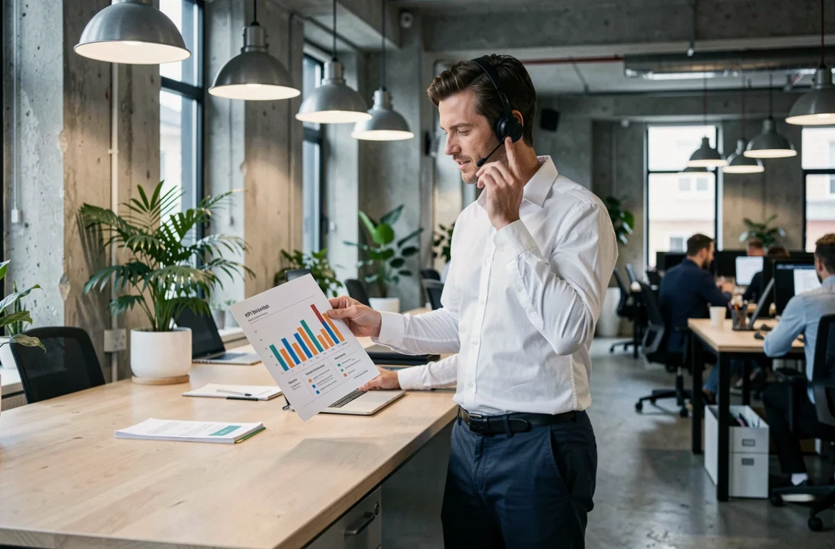 Employé debout à un bureau debout examinant un graphique de KPI imprimé dans un espace de coworking contemporain