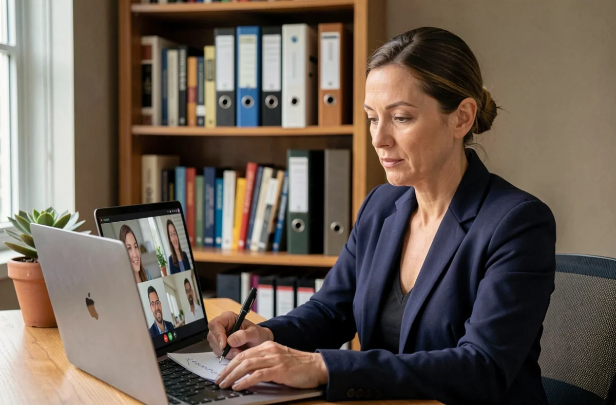 Employée en télétravail participant à une réunion vidéo depuis son bureau à domicile sous surveillance managériale