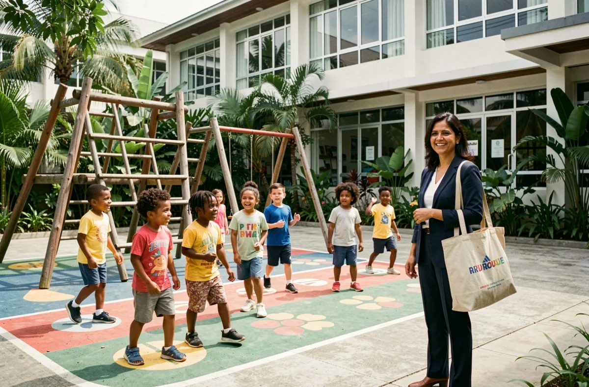 Enfants expatriés jouant dans la cour d'une école internationale en Asie du Sud-Est