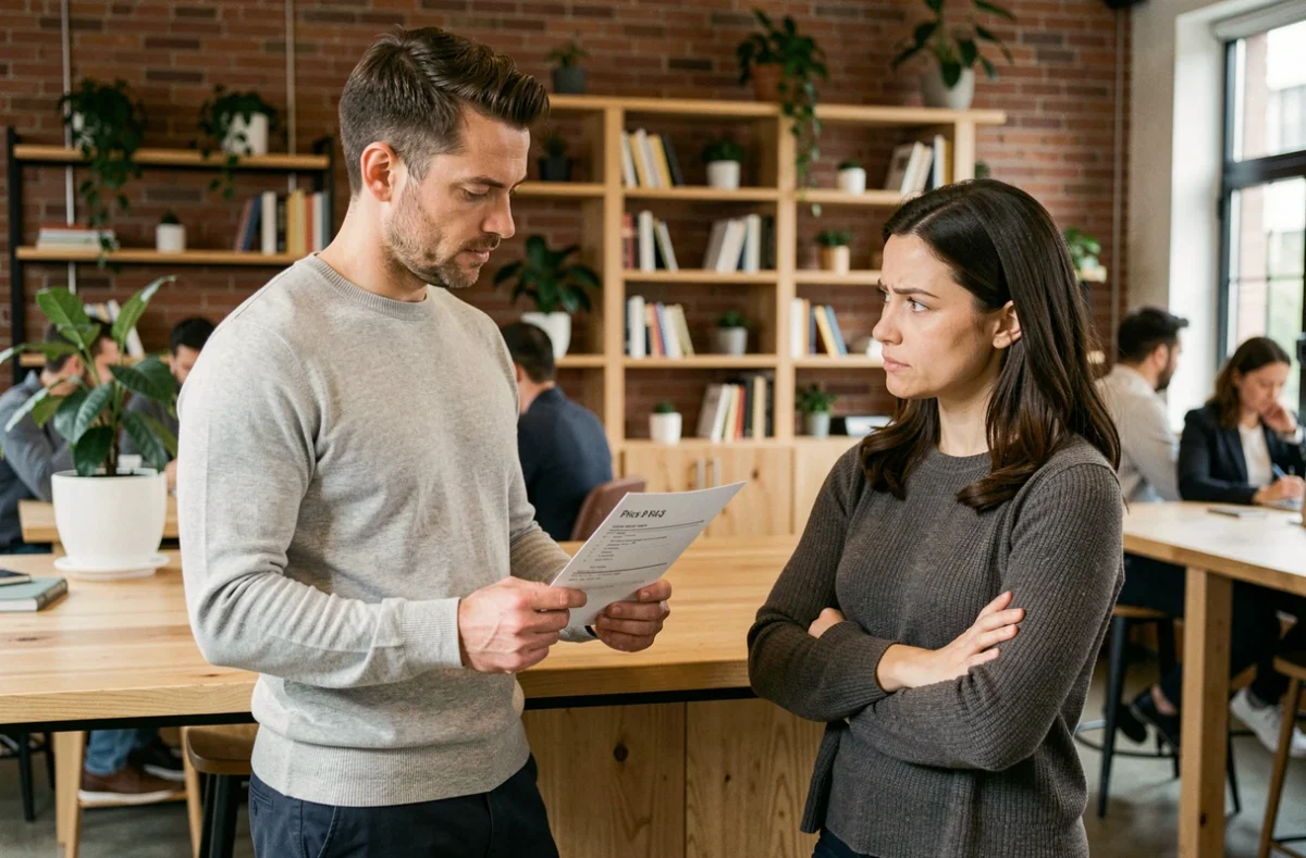 Un entrepreneur présente une proposition tarifaire à une cliente sceptique dans un espace de coworking moderne