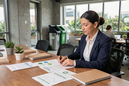 Une professionnelle en entreprise analyse des rapports de durabilité environnementale dans un bureau moderne avec des plantes et des stations de recyclage