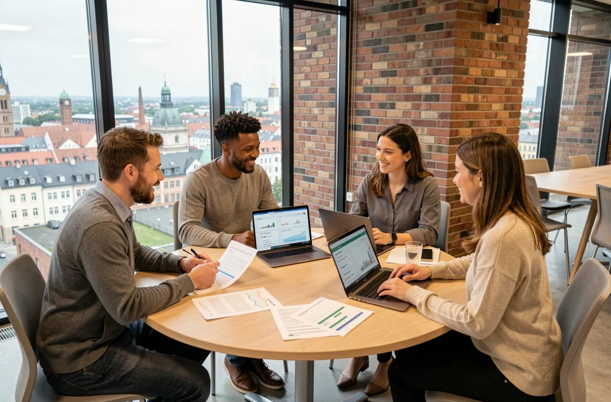 Équipe de direction de la startup DeepL en réunion stratégique dans un bureau moderne avec vue sur la ville de Cologne
