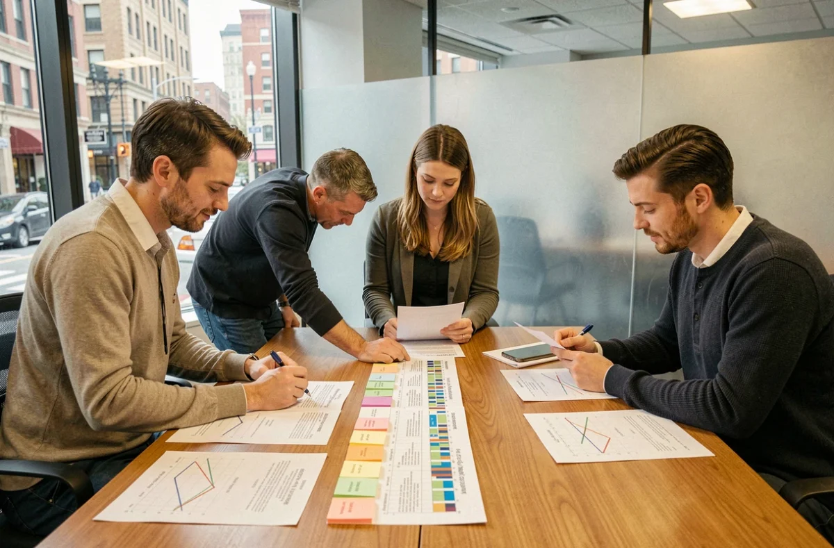 Équipe de professionnels planifiant les étapes d'un projet autour d'une table de réunion avec des feuilles de route
