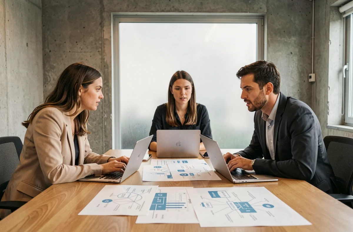 Équipe professionnelle discutant d'une architecture blockchain autour d'une table de conférence