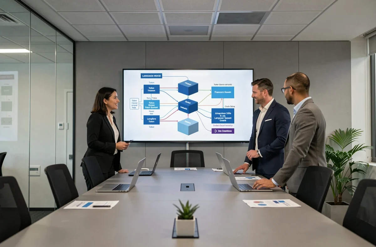 Équipe de professionnels collaborant autour d'un schéma d'architecture de modèle de langage LLM affiché sur un écran interactif en salle de réunion