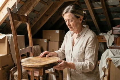 Femme examinant un vieux meuble en bois dans un grenier encombré d'objets anciens pour en estimer la valeur