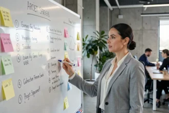 Cheffe de projet présentant les 7 étapes d'une démarche de projet sur un tableau blanc dans un bureau moderne