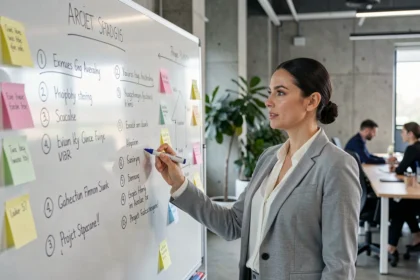Cheffe de projet présentant les 7 étapes d'une démarche de projet sur un tableau blanc dans un bureau moderne