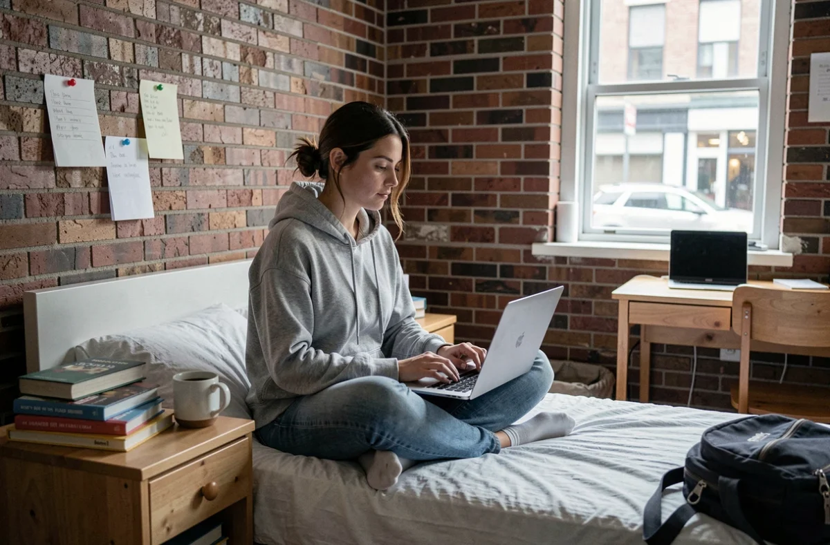 Une jeune étudiante travaille sur son ordinateur dans son appartement loué, illustrant la question de la déduction fiscale du loyer par les parents